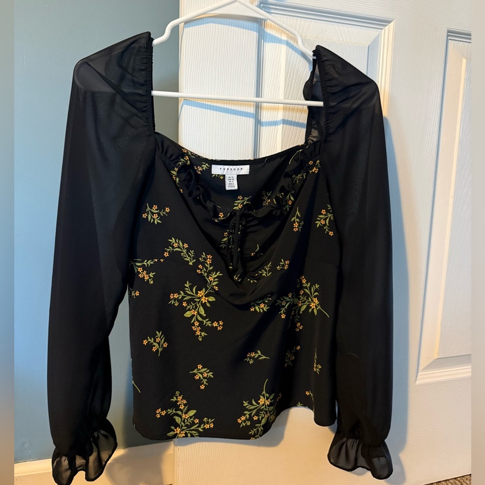 Topshop Black Floral Blouse with Sheer Sleeves